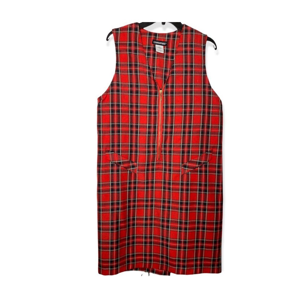Vintage 90s 1990s red black white plaid zip up dress jumper 10